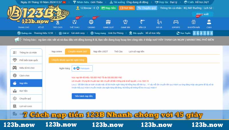 7 Cách nạp tiền 123B Nhanh chóng với 45 giây