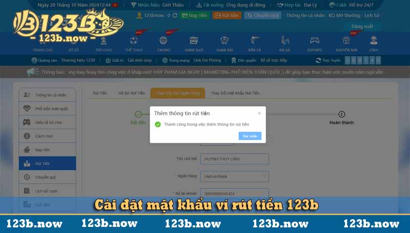 Cài đặt mật khẩu ví rút tiền 123b