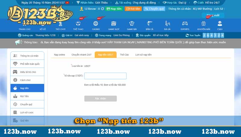 chọn nạp tiền 123b