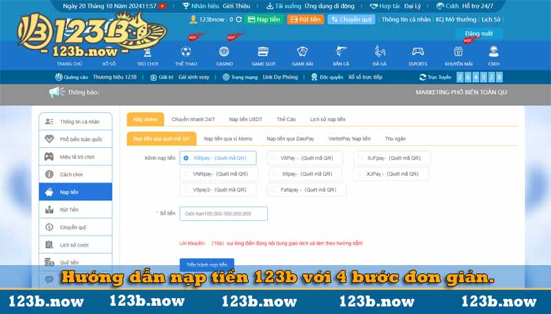 Hướng dẫn nạp tiền 123b với 4 bước đơn giản.